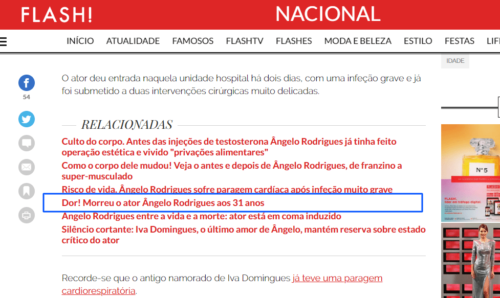 Revista Flash dá Ângelo Rodrigues como falecido