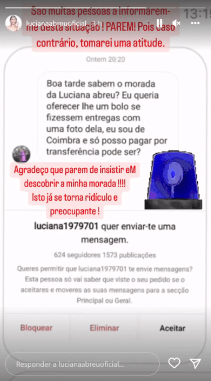 Luciana Abreu expõe mensagem abusiva