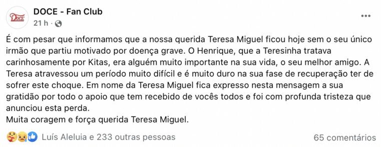 Teresa Miguel, das “Doce”, chora a morte do irmão: “Com profunda tristeza…”