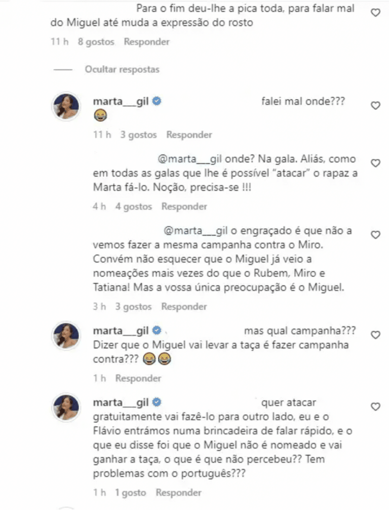 Marta Gil discute nas redes sociais com fã de Miguel Vicente