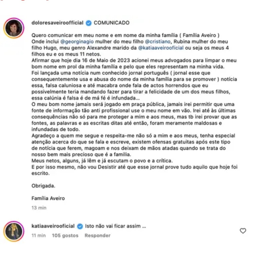 Dolores Aveiro emite comunicado sobre alegadas bruxarias