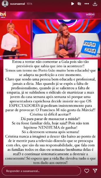 Susana Areal atira-se a Cristina Ferreira: "Basta de mentiras e humilhações na gala do Big Brother, por favor!"